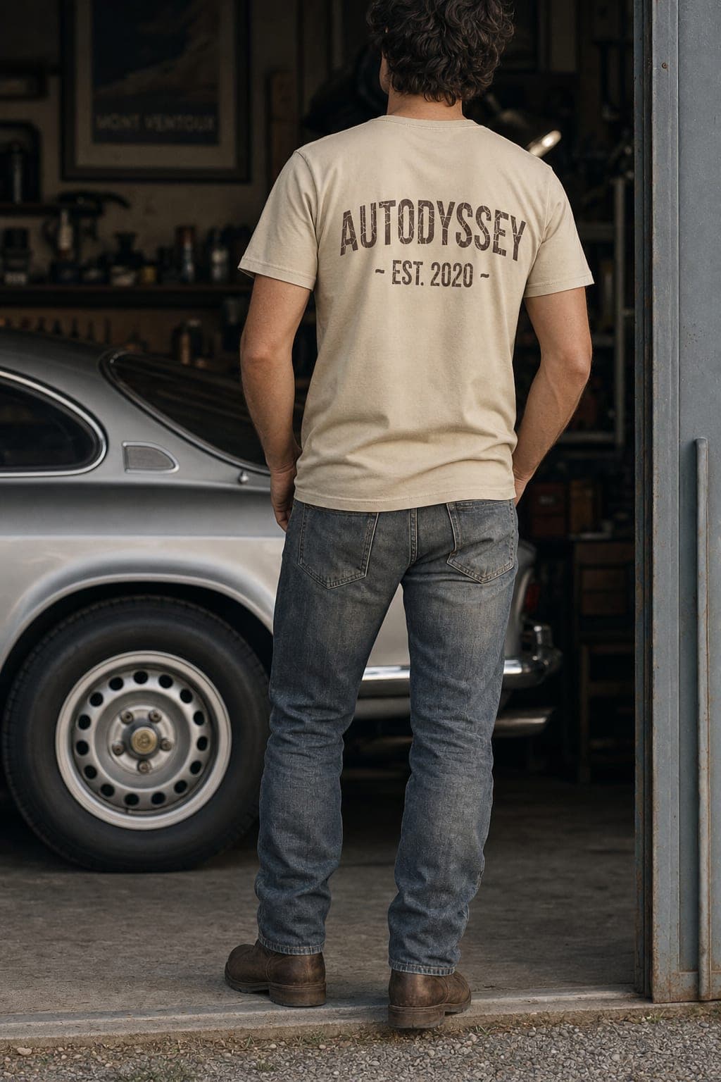 Full-length view of the vintage tee in a garage doorway