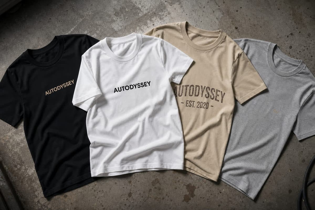The four AUTODYSSEY tees fanned out on a concrete floor