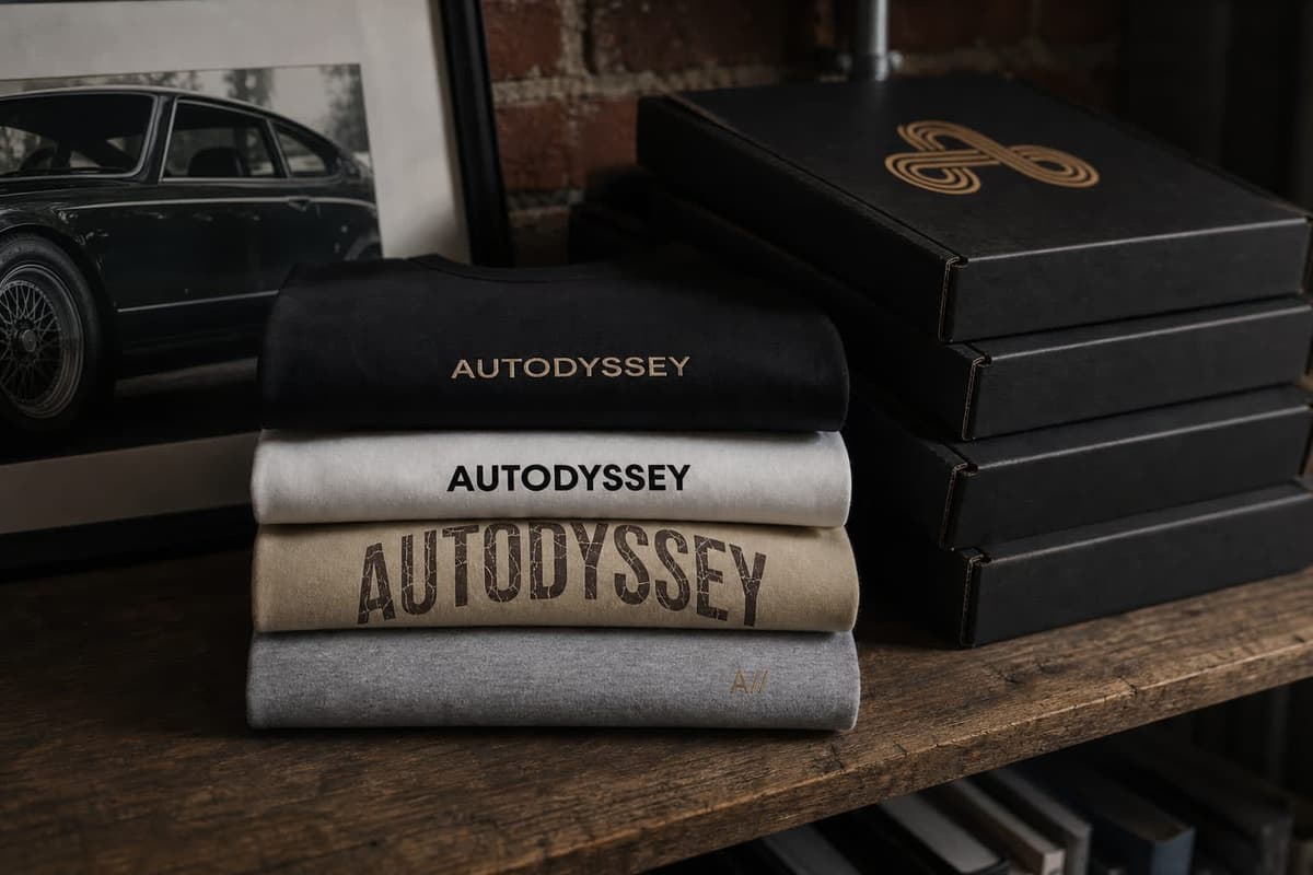 A stack of folded tees on a shelf beside black mailer boxes