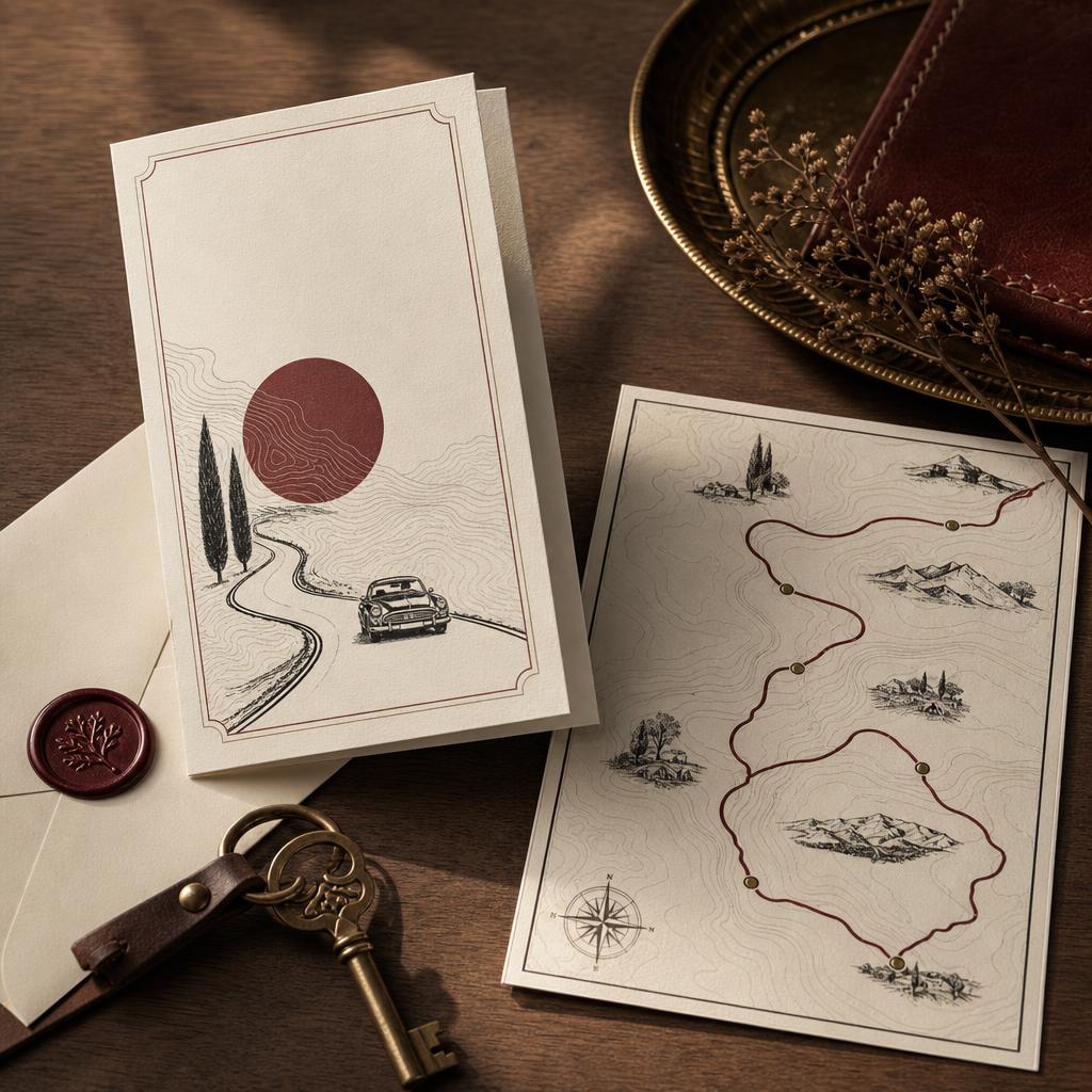 Custom route invitation cards and envelopes on a walnut table