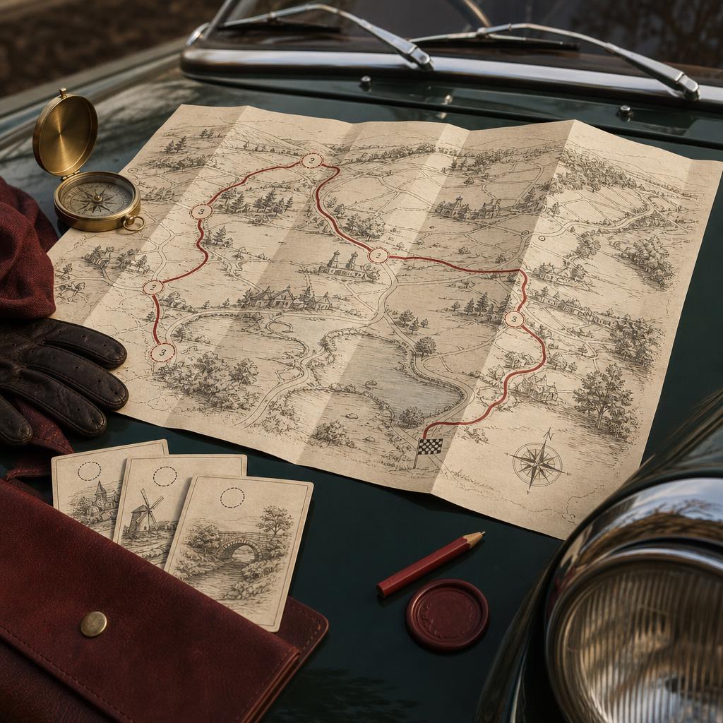 Folded treasure hunt route map with a brass compass and clue cards